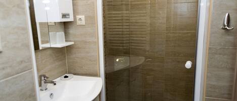 A modern bathroom with a glass-enclosed shower, a white sink, and a mirror above it.