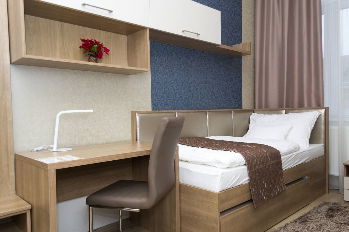 A bedroom with a bed, desk, chair, and a small shelf with a plant.