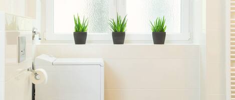 A modern bathroom with a toilet, a white radiator, and a window with three potted plants.