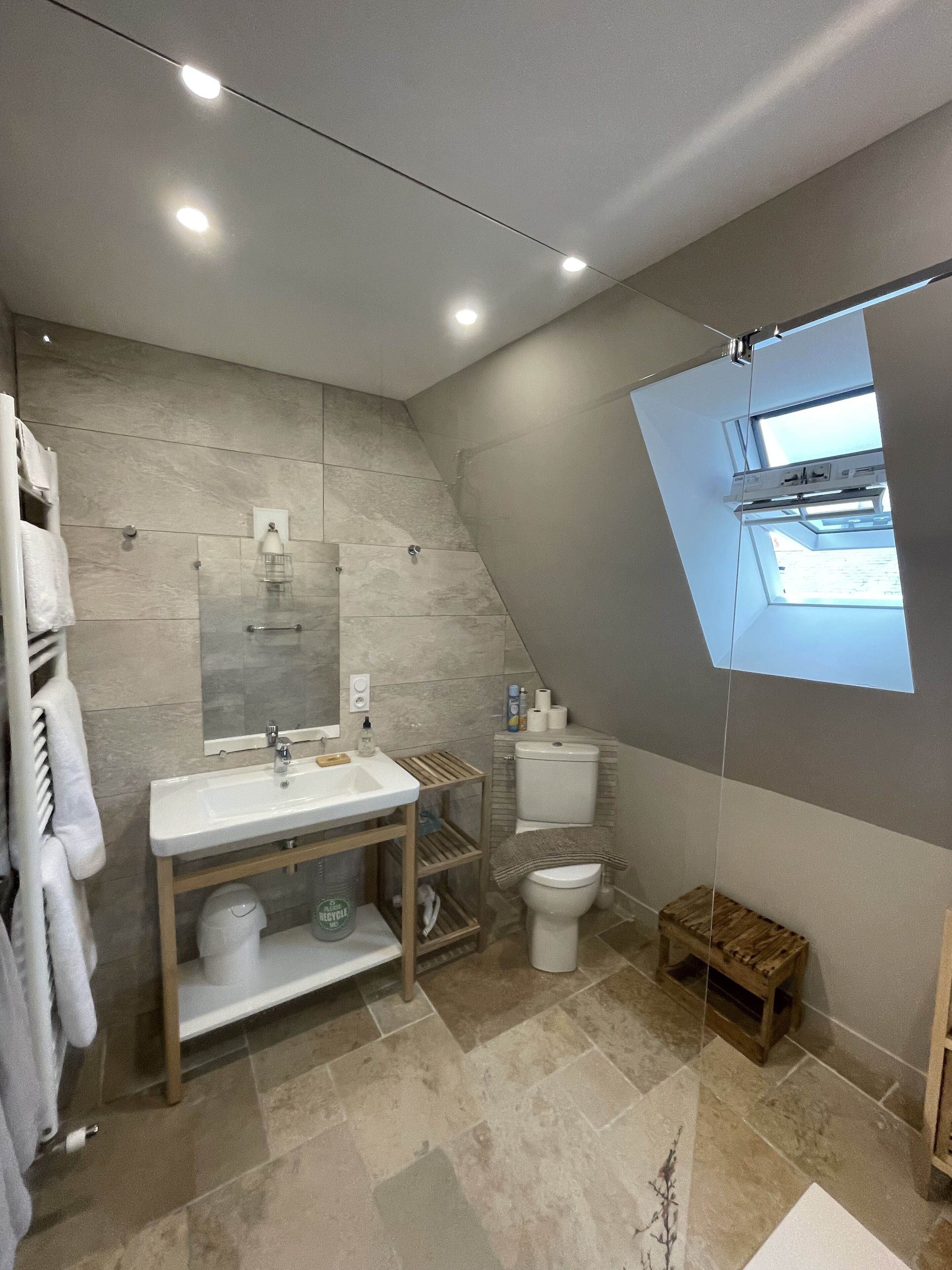 A modern bathroom with a skylight, a large mirror, a sink, and a toilet.
