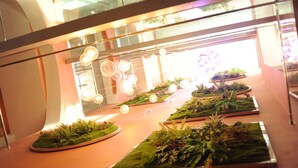A modern interior with a long table displaying terrariums. - Havana Resort (Antananarivo)