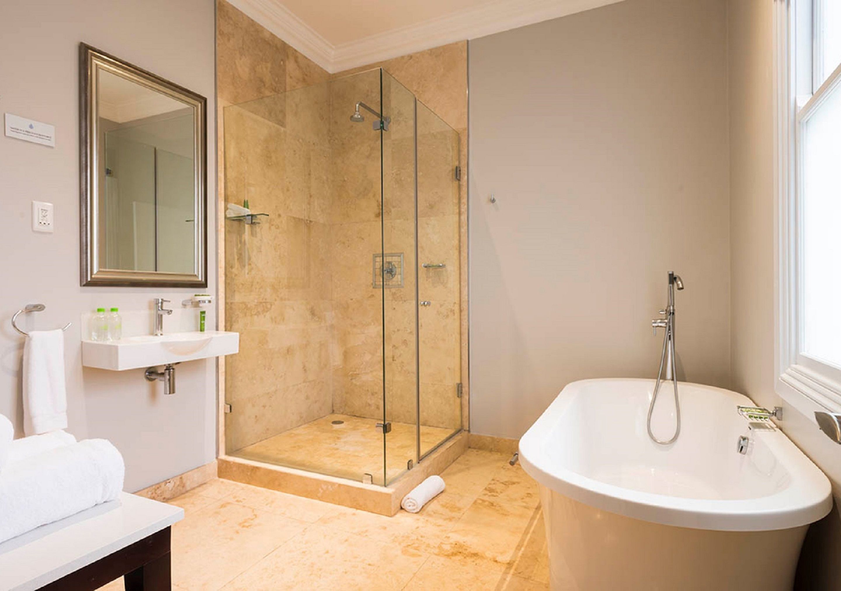 deep-soaking bathtub, free toiletries, hair dryer, slippers