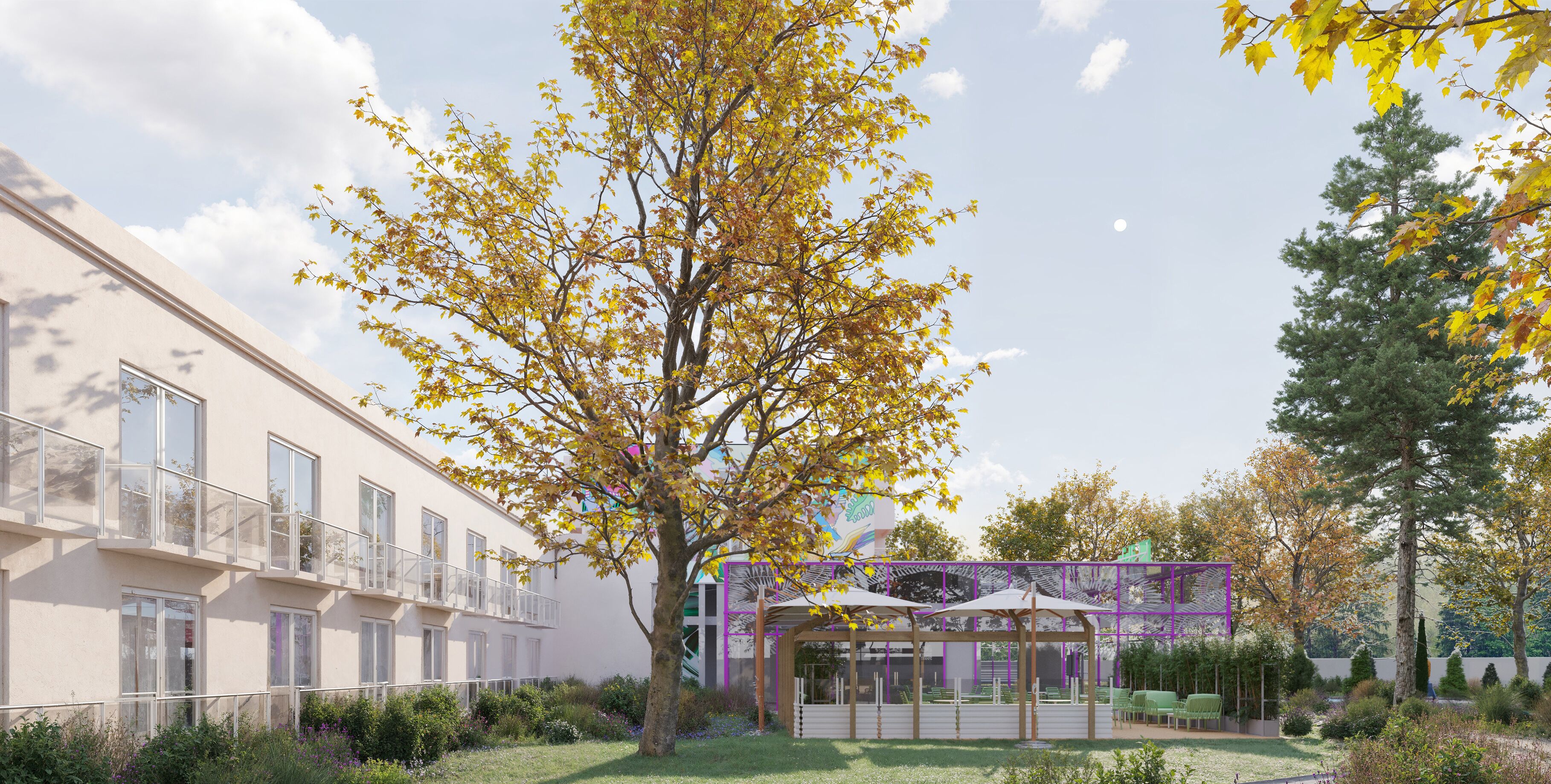 A modern building with a large tree in the courtyard, a covered seating area, and a clear sky.