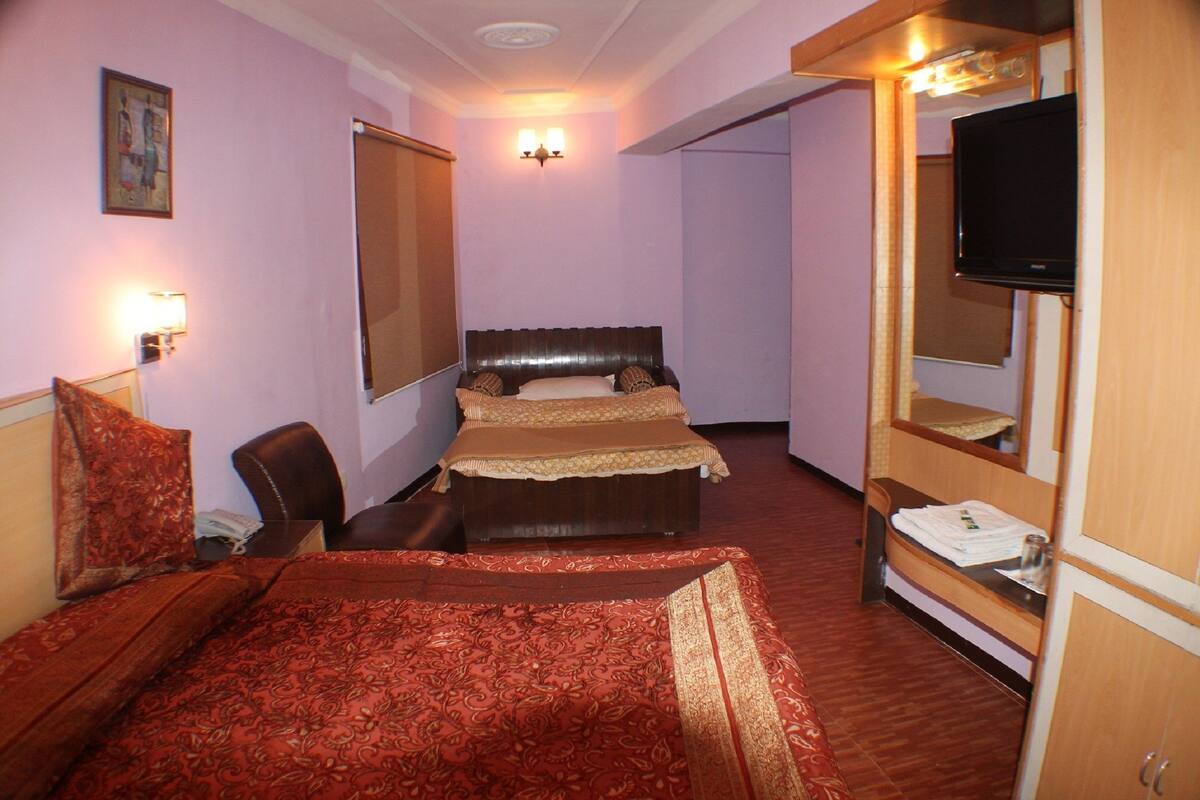 A hotel room with a bed, a desk, a chair, a television, and a mirror.