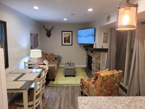 TV connectée, cheminée, lecteur de DVD, vidéothèque