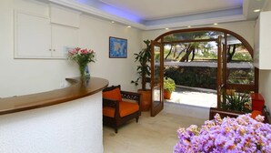 A reception area with a reception desk, a seating area with a sofa and chairs, a potted plant, and a view of the outdoors. - Aphrodite Lemnos (Lemnos)