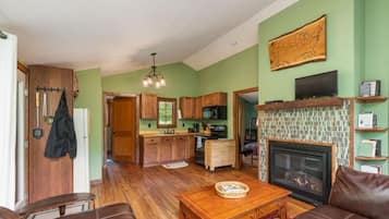 Smart TV, fireplace, DVD player, books