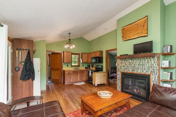 Smart TV, fireplace, DVD player, books