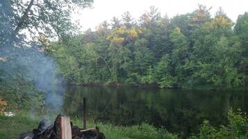 A campfire with logs and a metal container, surrounded by a forest and a calm lake.