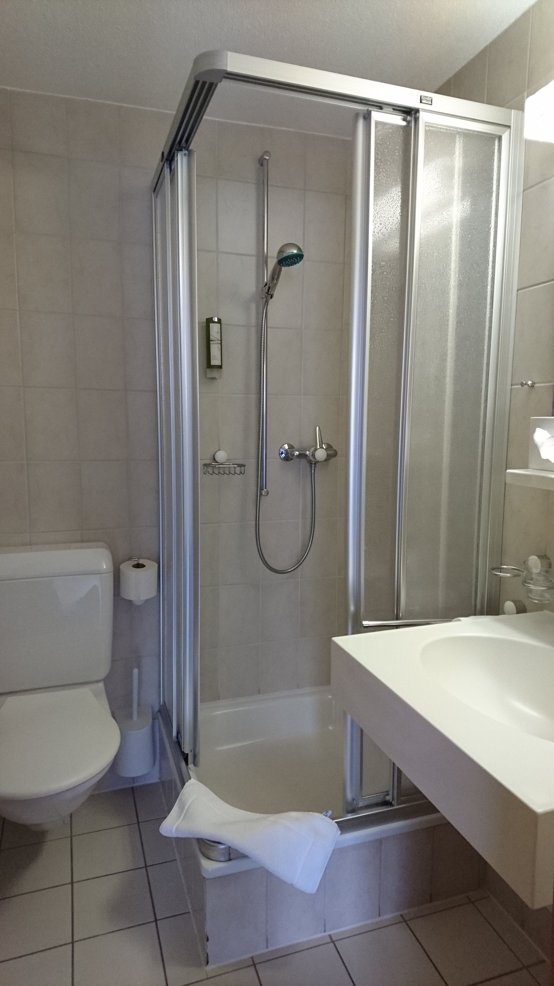 Un baño con ducha compartimentada con vidrio, inodoro y lavabo.