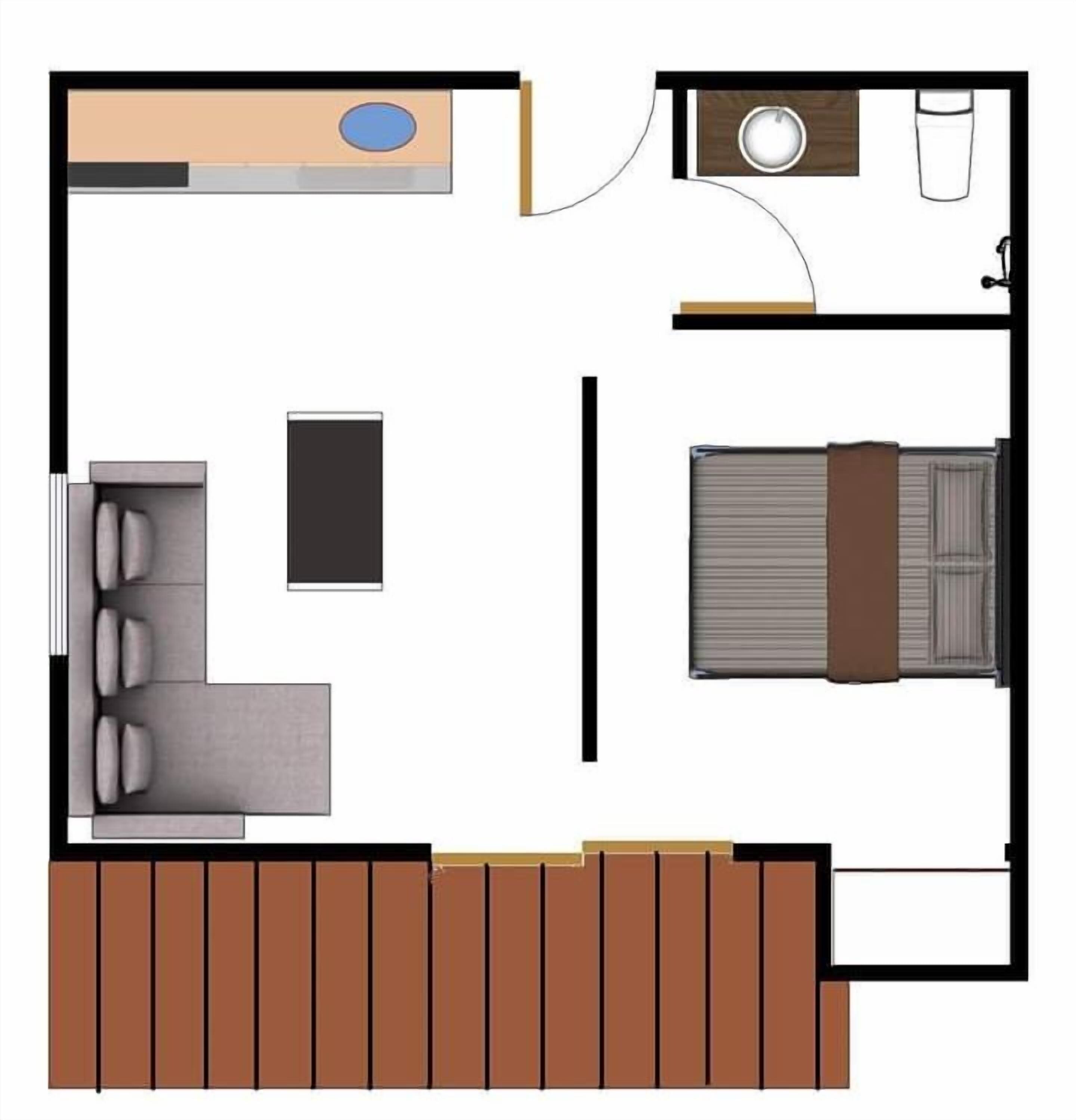studio, kitchen, garden view | floor plan