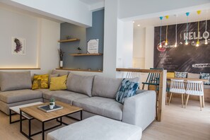 Deluxe Apartment, 5 Bedrooms, Terrace, City View | Living area - Olympus Residence (Athens)