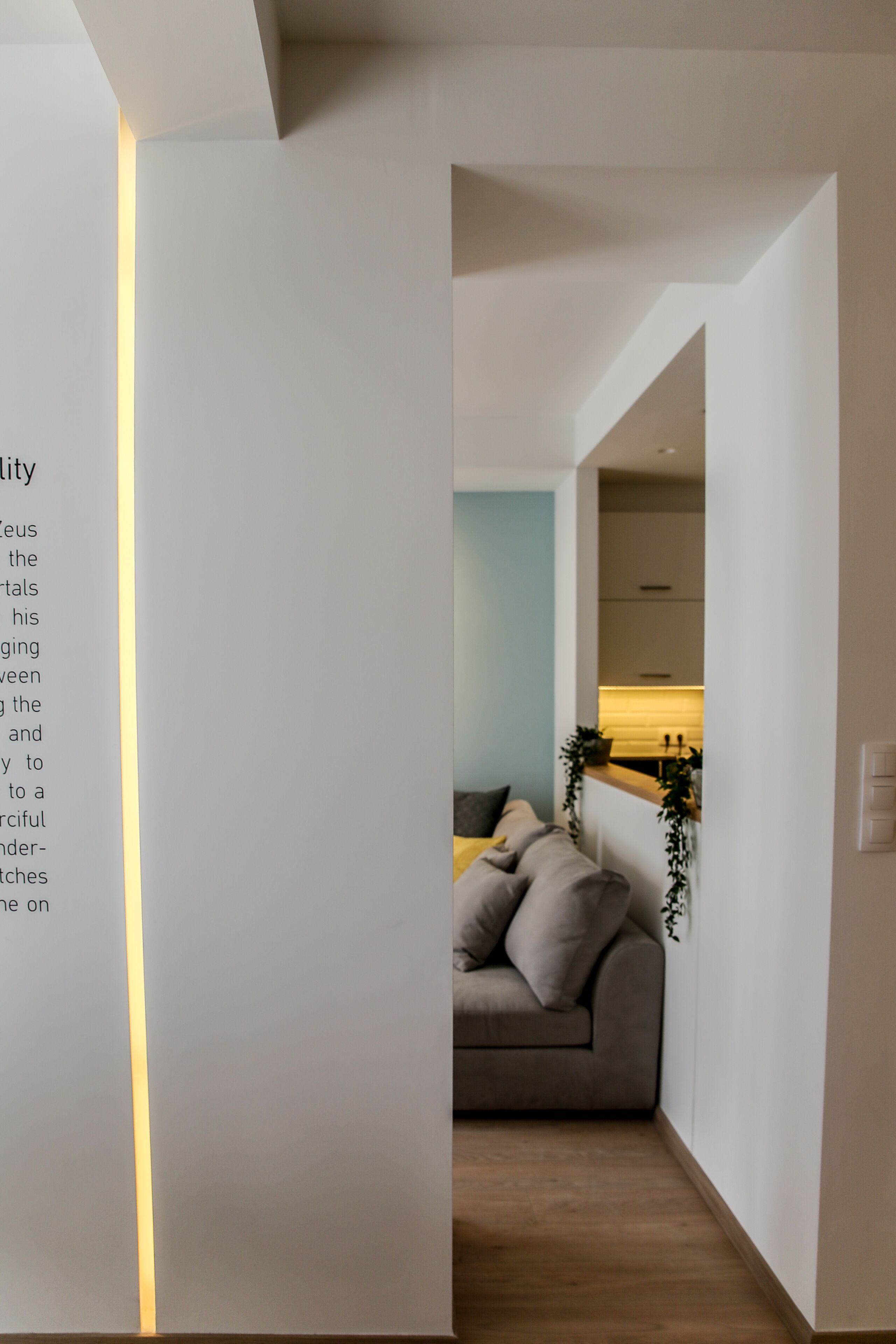 Un intérieur moderne au design minimaliste, comprenant un canapé et un petit coin cuisine.