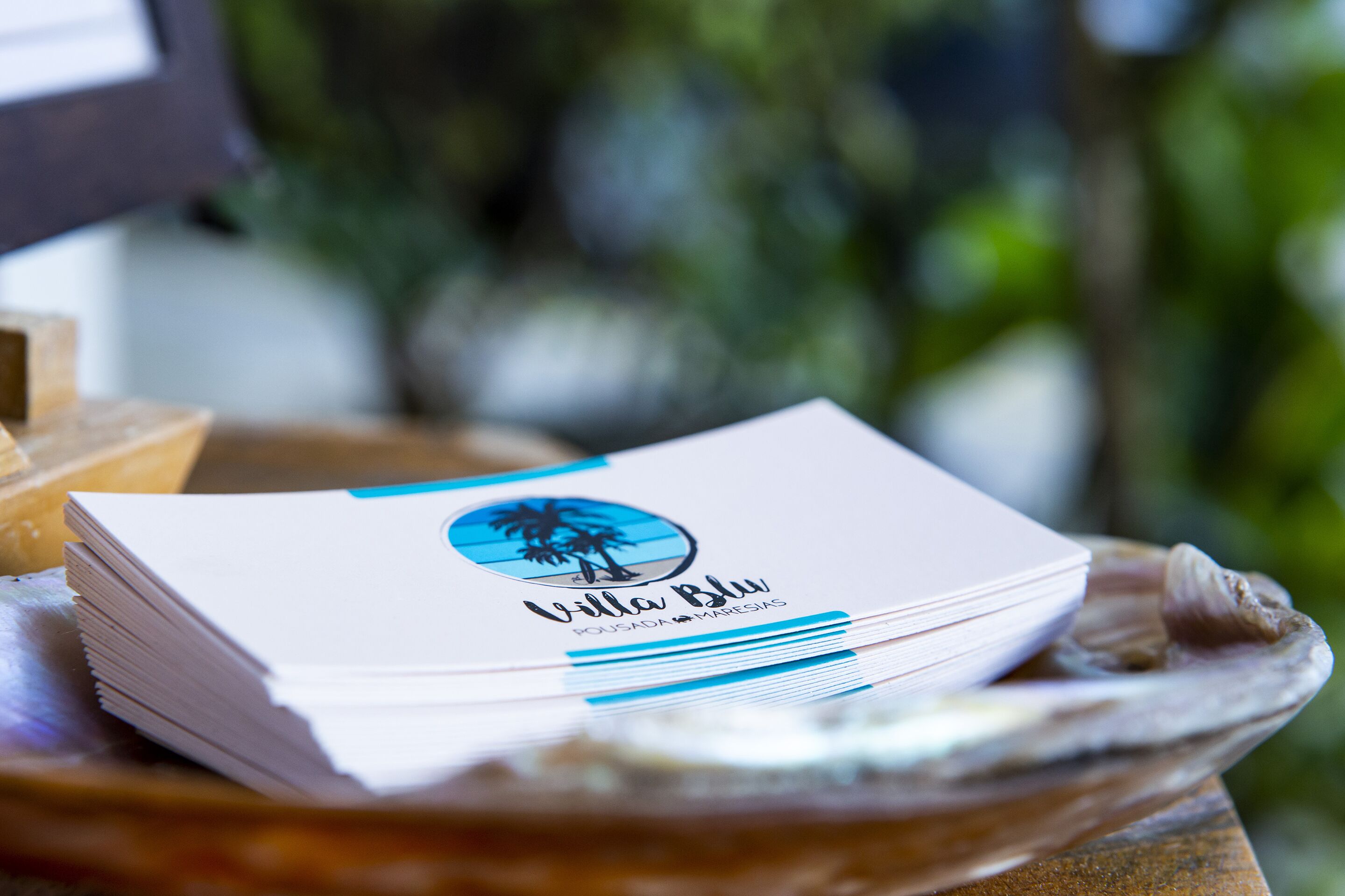 A stack of business cards with a palm tree logo and the text "Villa Blu" on a wooden surface.