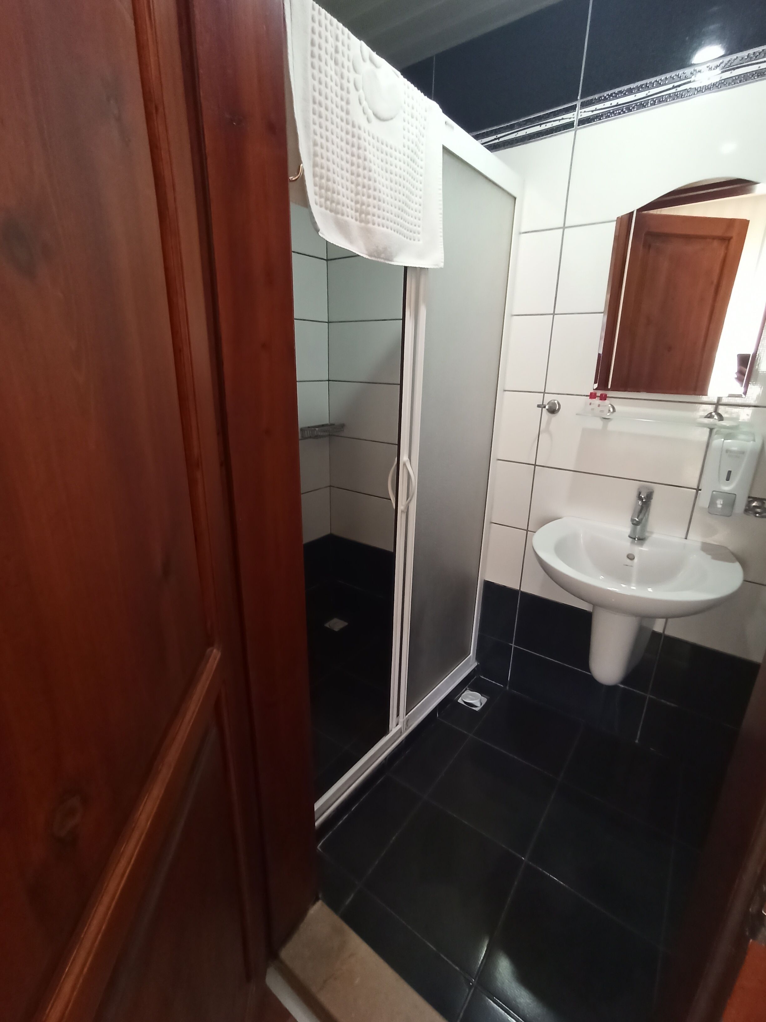 Un baño con cabina de ducha de vidrio, un lavabo blanco y una puerta de madera.