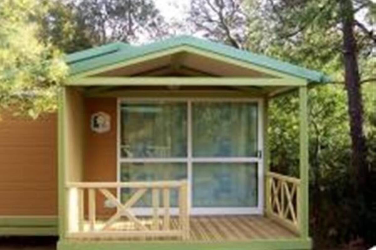 Een klein houten huisje met een groen dak, een glazen deur en een houten terras.