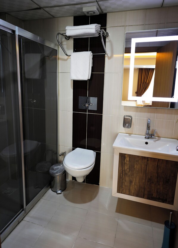 A bathroom with a glass shower enclosure, a toilet, a sink, and a mirror. - Tatvan Park Hotel (Tatvan)