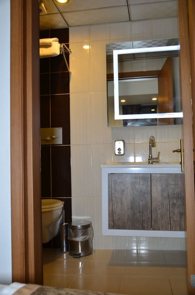 Un baño moderno con un mueble de tocador de madera, un espejo y un inodoro.