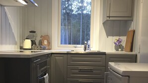 A compact kitchen with a window, a built-in oven, and a sink. - Koselig Hytte i Hemsedal (Hemsedal)