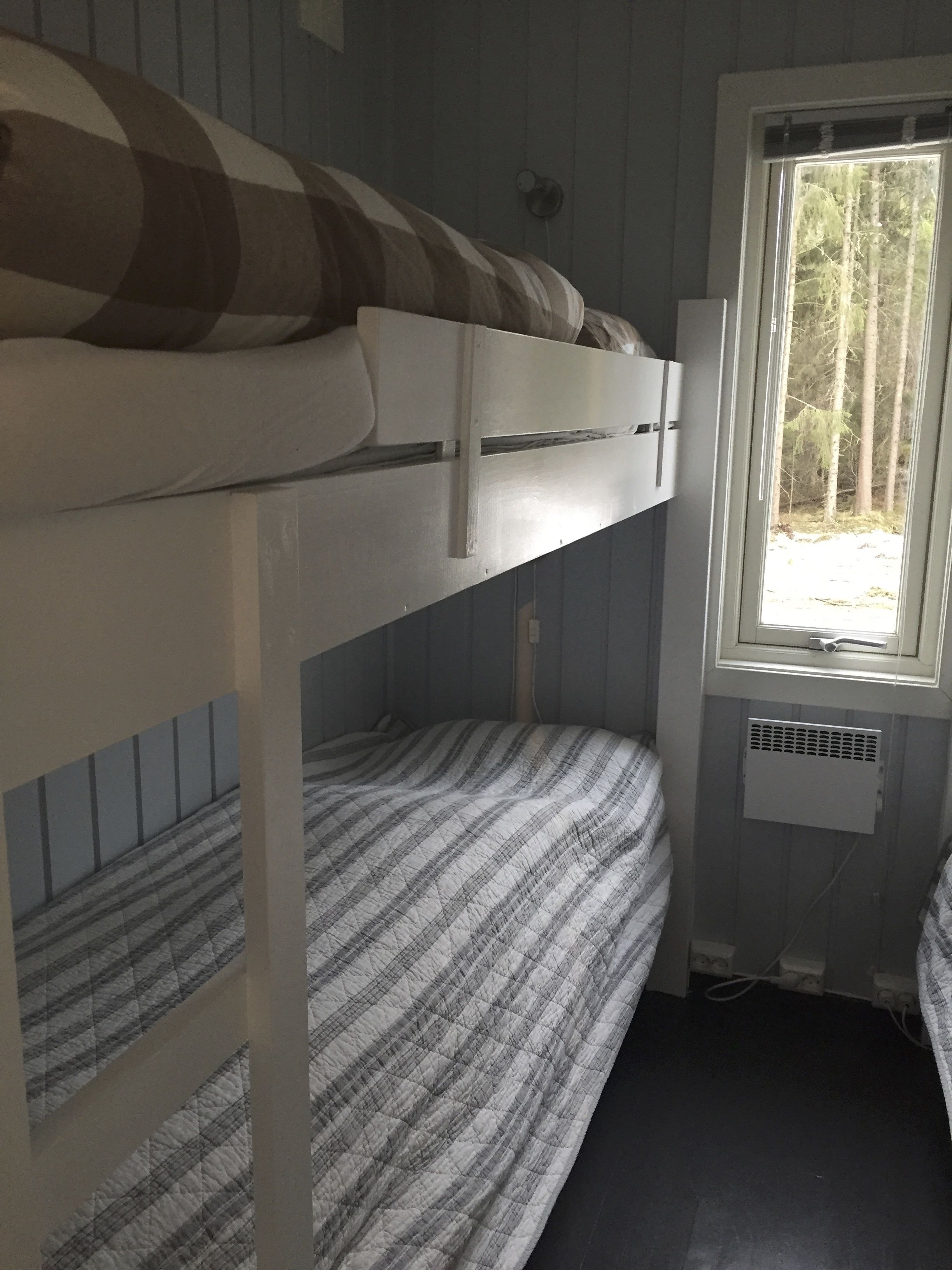 A bunk bed room with a window providing a view of trees.