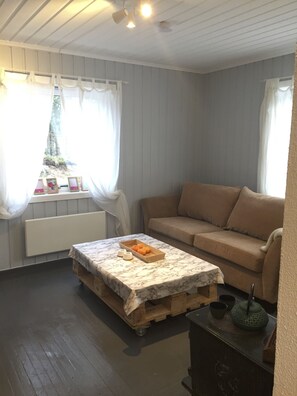 Family Cabin, 1 Bedroom, Mountain View | Living area | Flat-screen TV, fireplace
