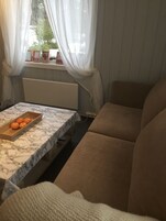 Family Cabin, 1 Bedroom, Mountain View | Living area | Flat-screen TV, fireplace