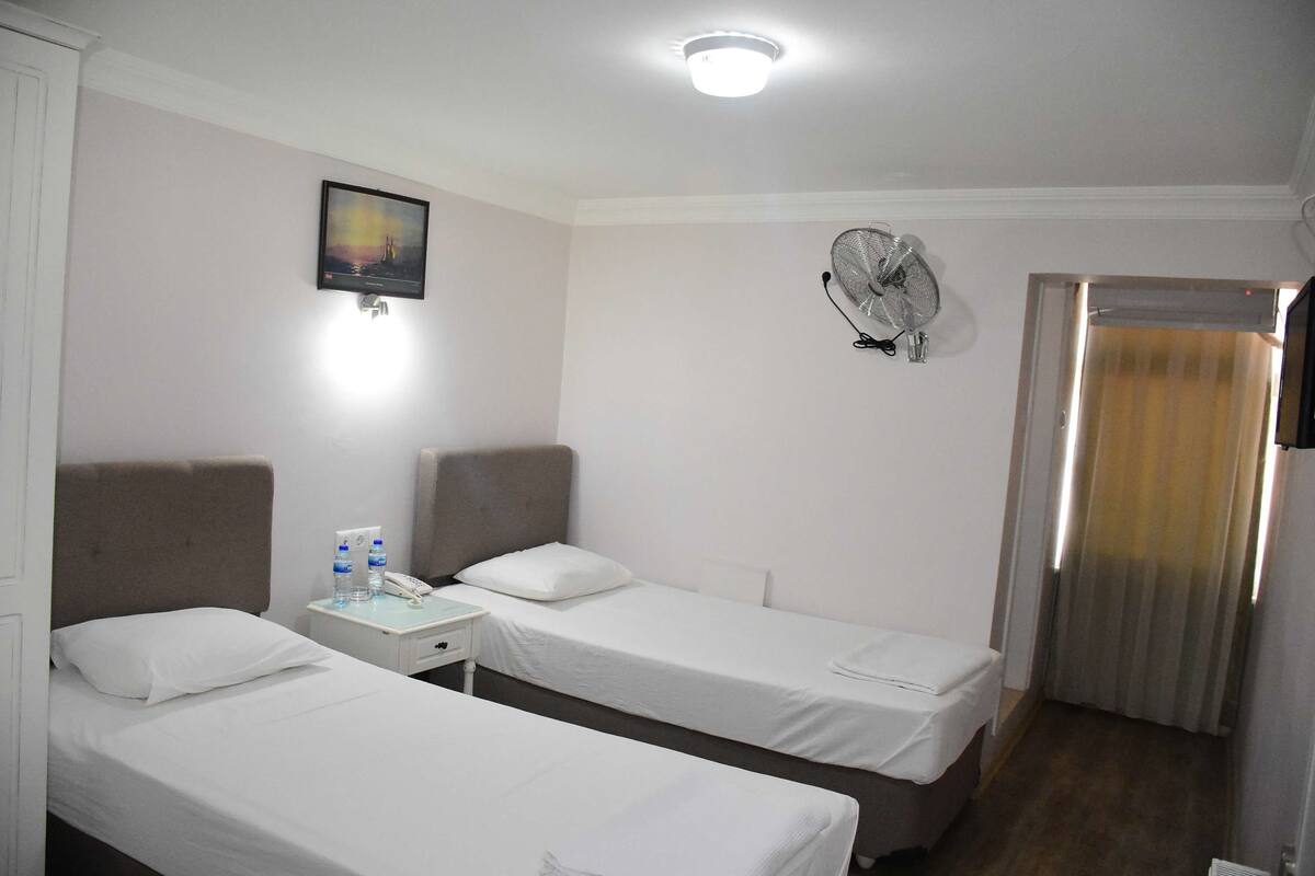Hotellihuone, jossa on kaksi erillistä sänkyä, yöpöytä, jossa on puhelin ja vesipulloja, kattotuuletin ja taulu seinällä.