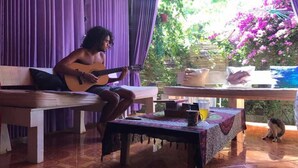 Una persona tocando la guitarra en un banco de madera en una habitación con cortinas moradas, piso de baldosas y una mesa con una taza de café y un vaso.