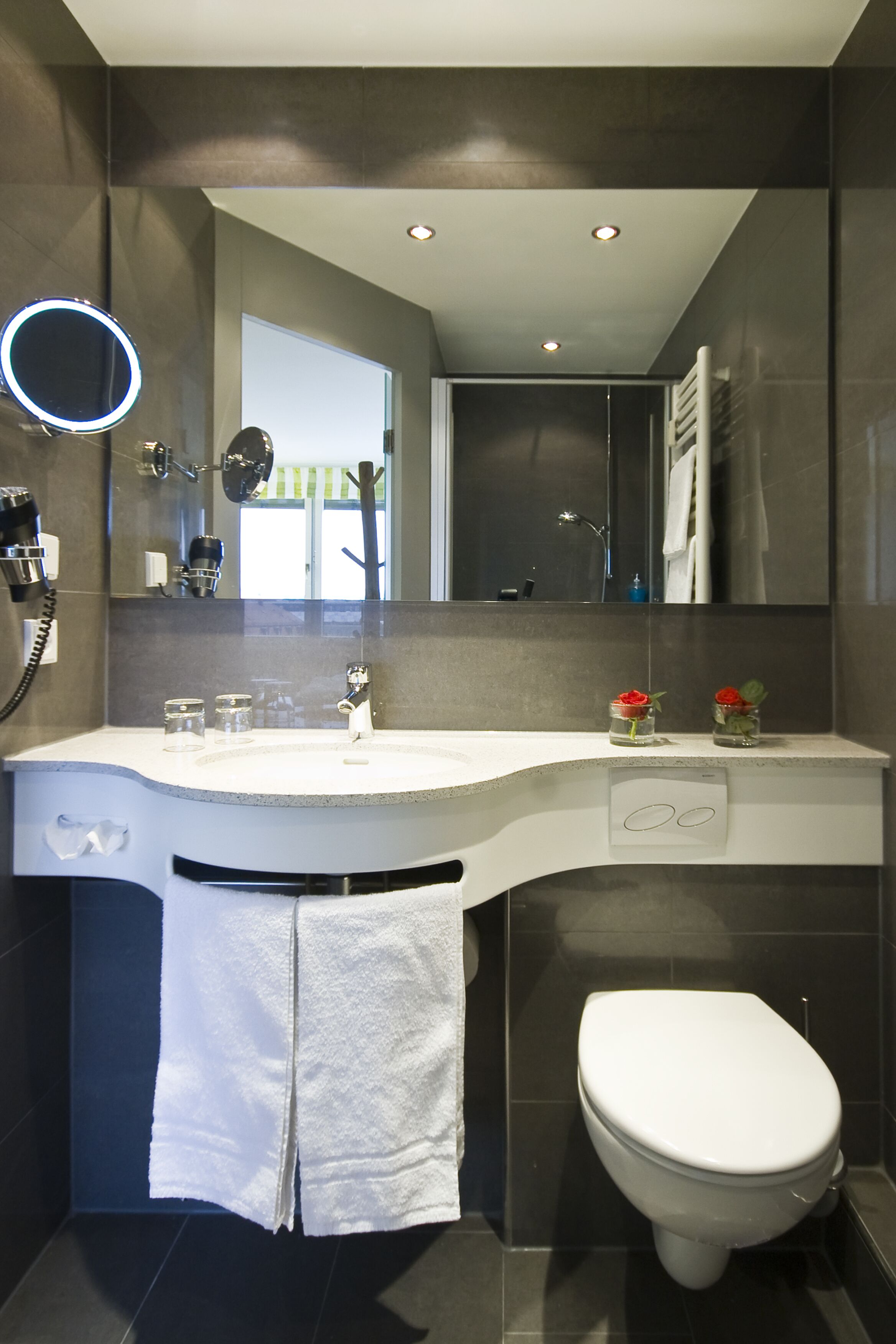 family room | bathroom | shower, free toiletries, hair dryer, towels