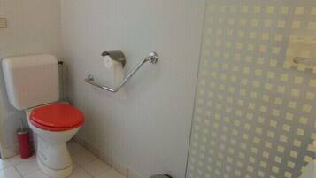 A bathroom with a toilet, a handrail, and a patterned wall.
