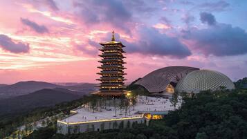 A pagoda with multiple tiers and a dome-shaped structure in the background.