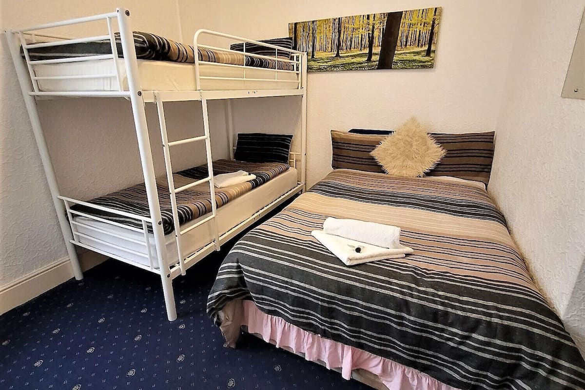 Une chambre de dortoir avec des lits superposés, une moquette à motifs et un tableau accroché au mur.