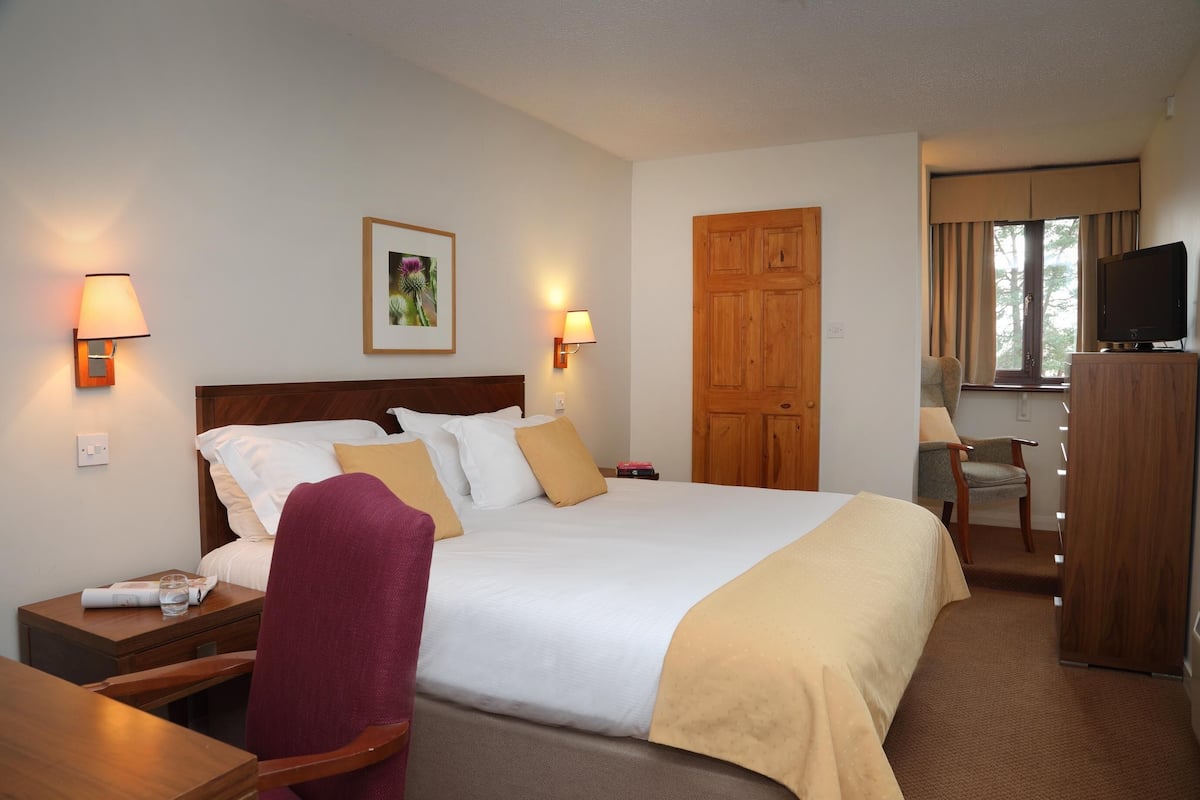 A hotel room with a large bed, bedside lamps, a desk with a chair, a television, and a wardrobe.