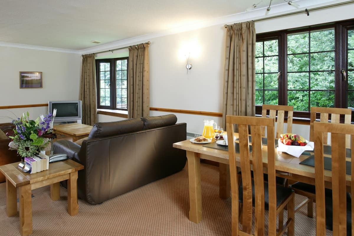 A living room with a brown leather sofa, a wooden dining table with chairs, a television, and a window with curtains.