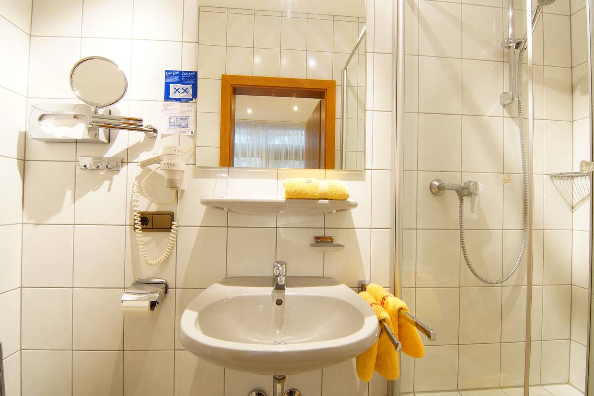 shower, free toiletries, hair dryer, towels