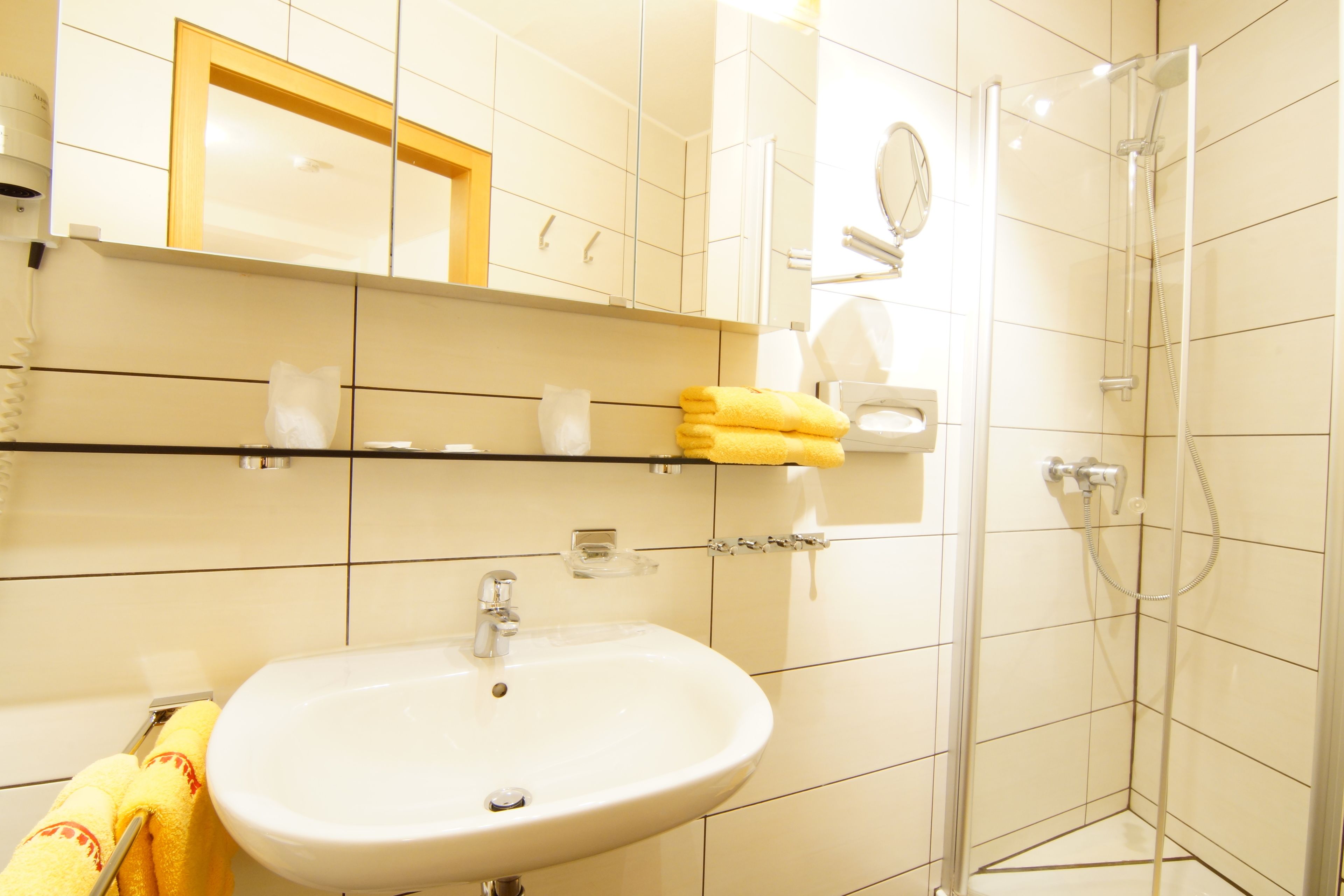 classic double room | bathroom | shower, free toiletries, hair dryer, towels