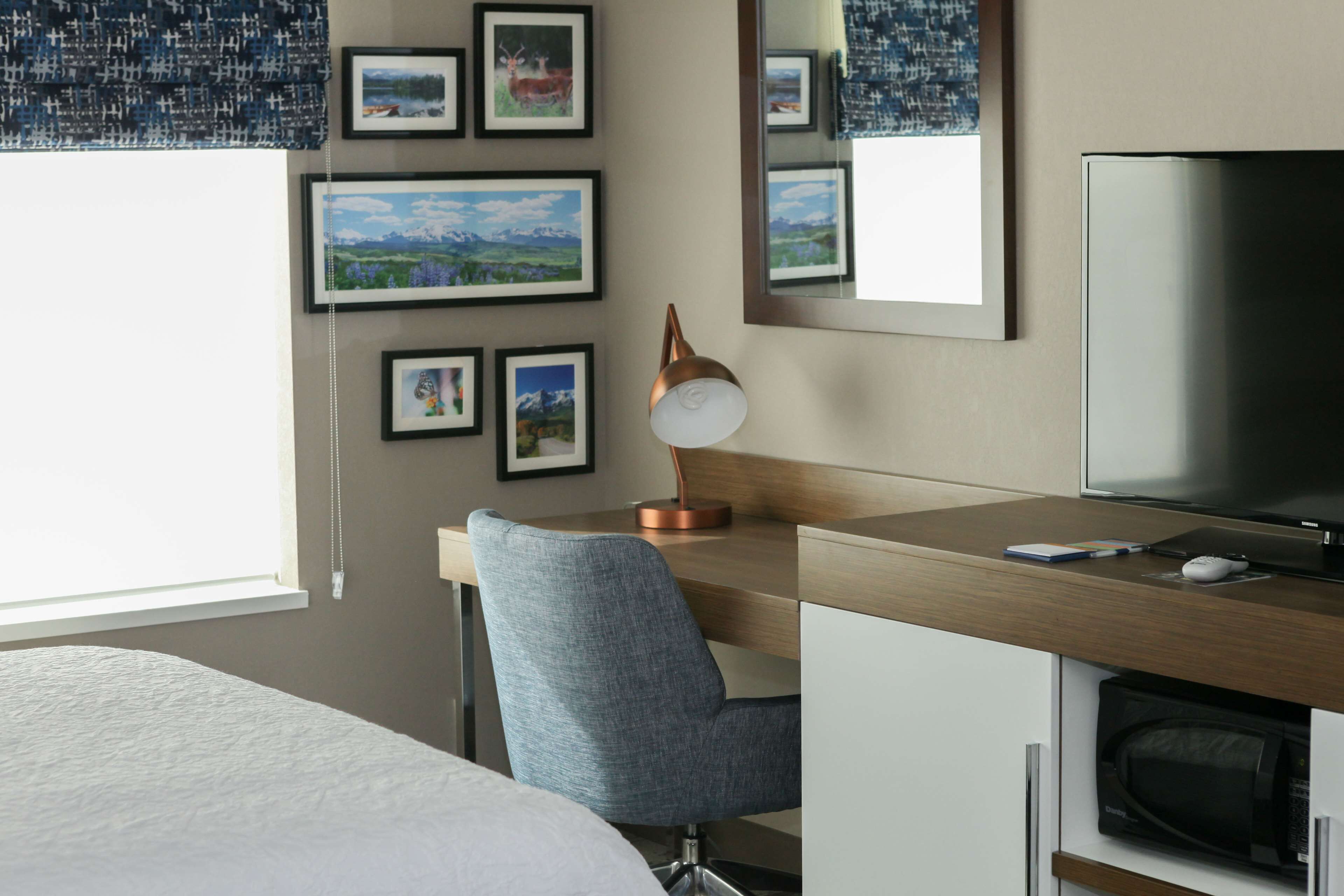 premium bedding, down duvets, desk, blackout curtains