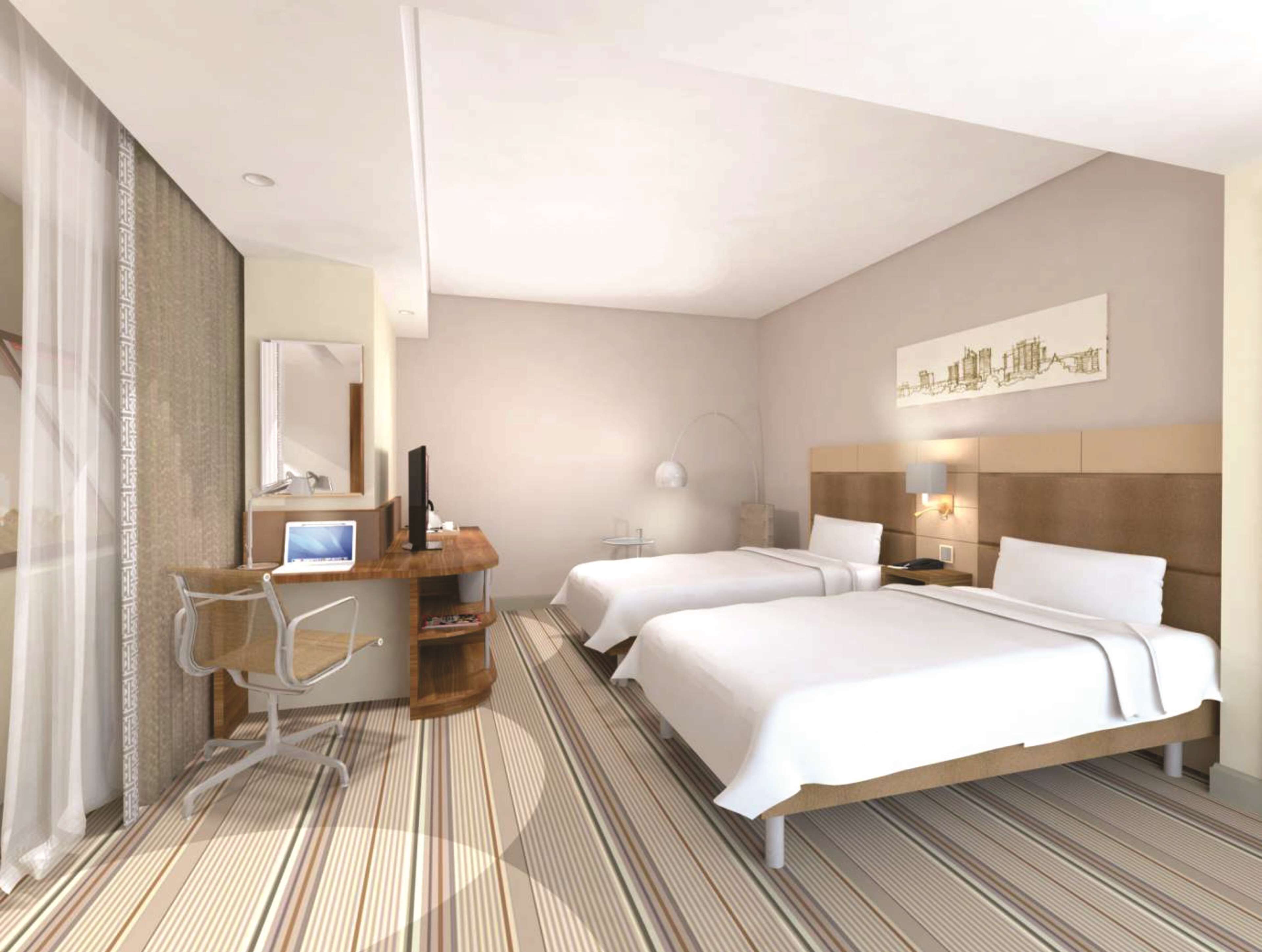 twin room | in-room safe, desk, laptop workspace, blackout curtains