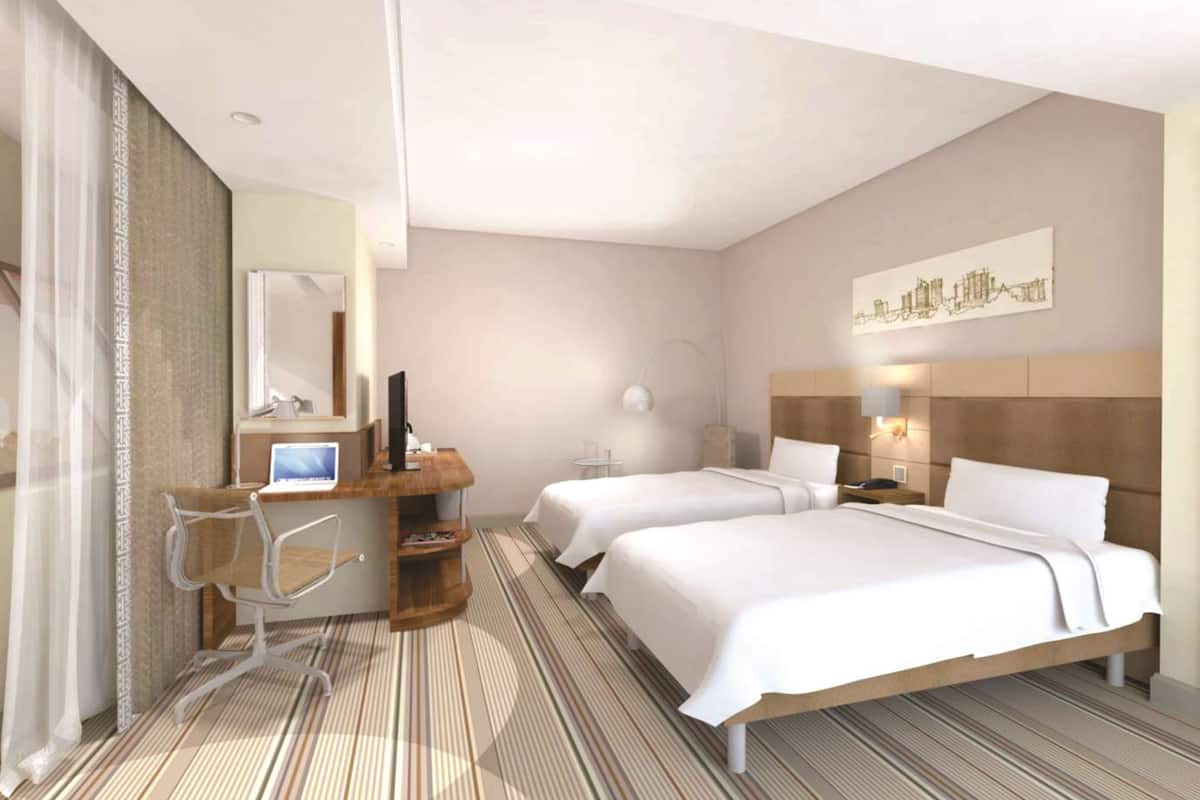 twin room | in-room safe, desk, laptop workspace, blackout curtains