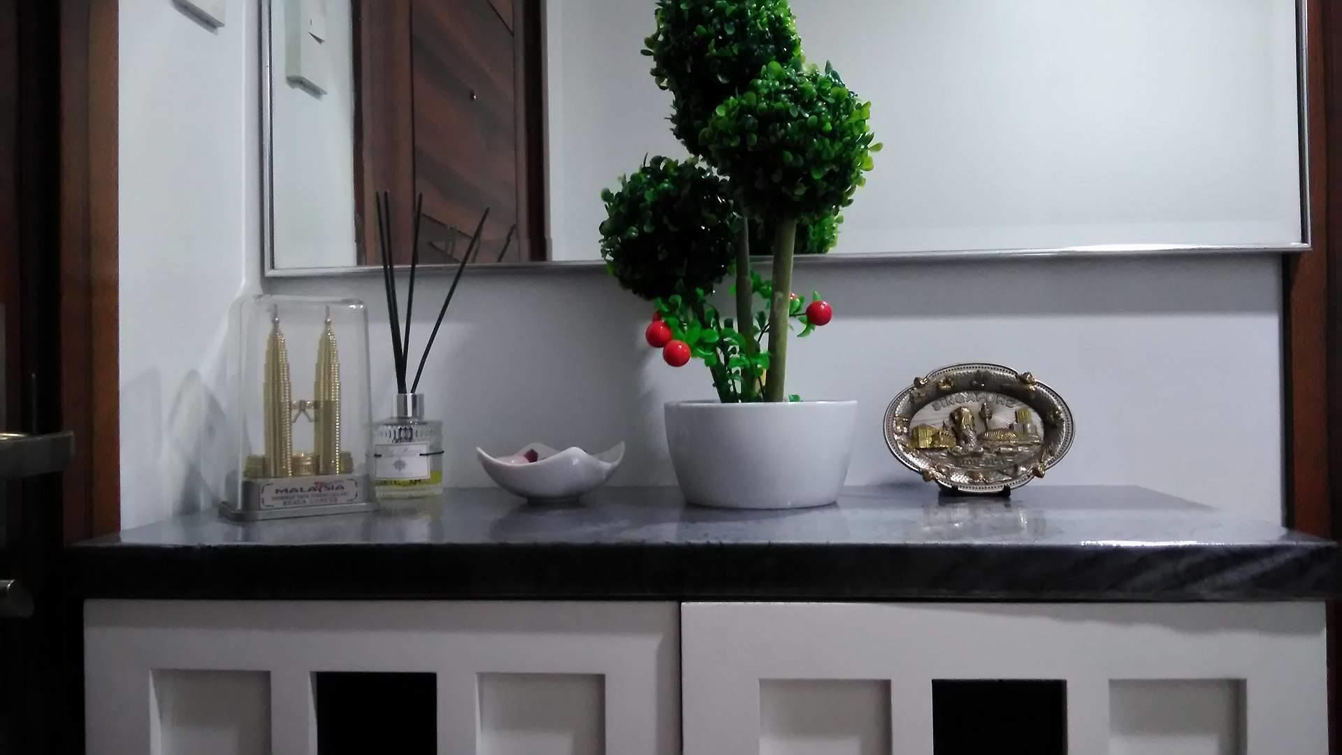 A kitchen counter with a potted plant, a decorative bowl, a bottle, and a framed picture.