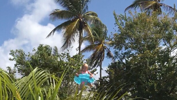 A swimming pool with palm trees and a person in the water. - Ri'Biero's Holiday Apartments (Crown Point)