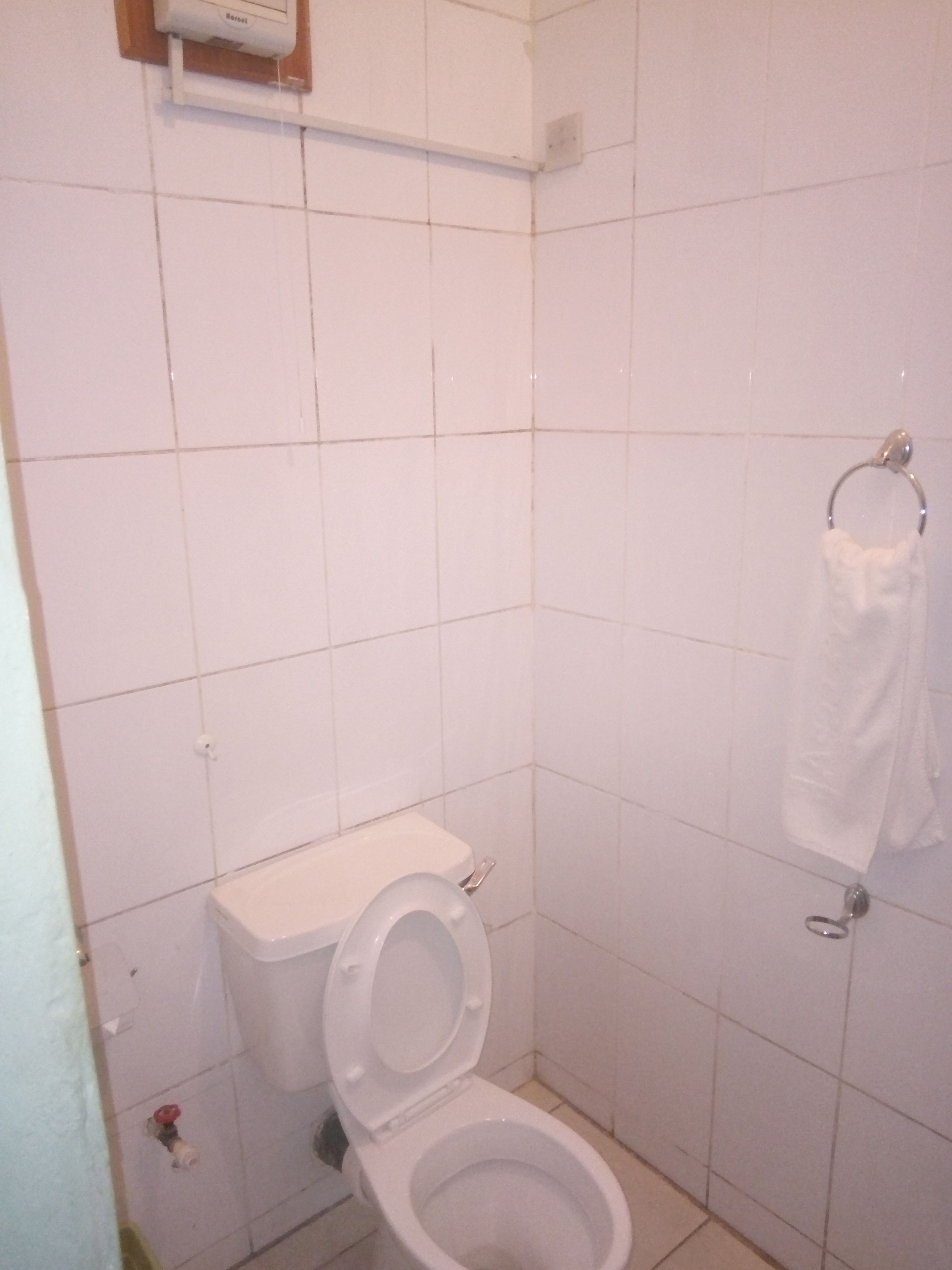 Ein kleines Badezimmer mit weißen Fliesen, einer Toilette, einem Handtuchhalter und einem sichtbaren Toilettenpapierhalter.