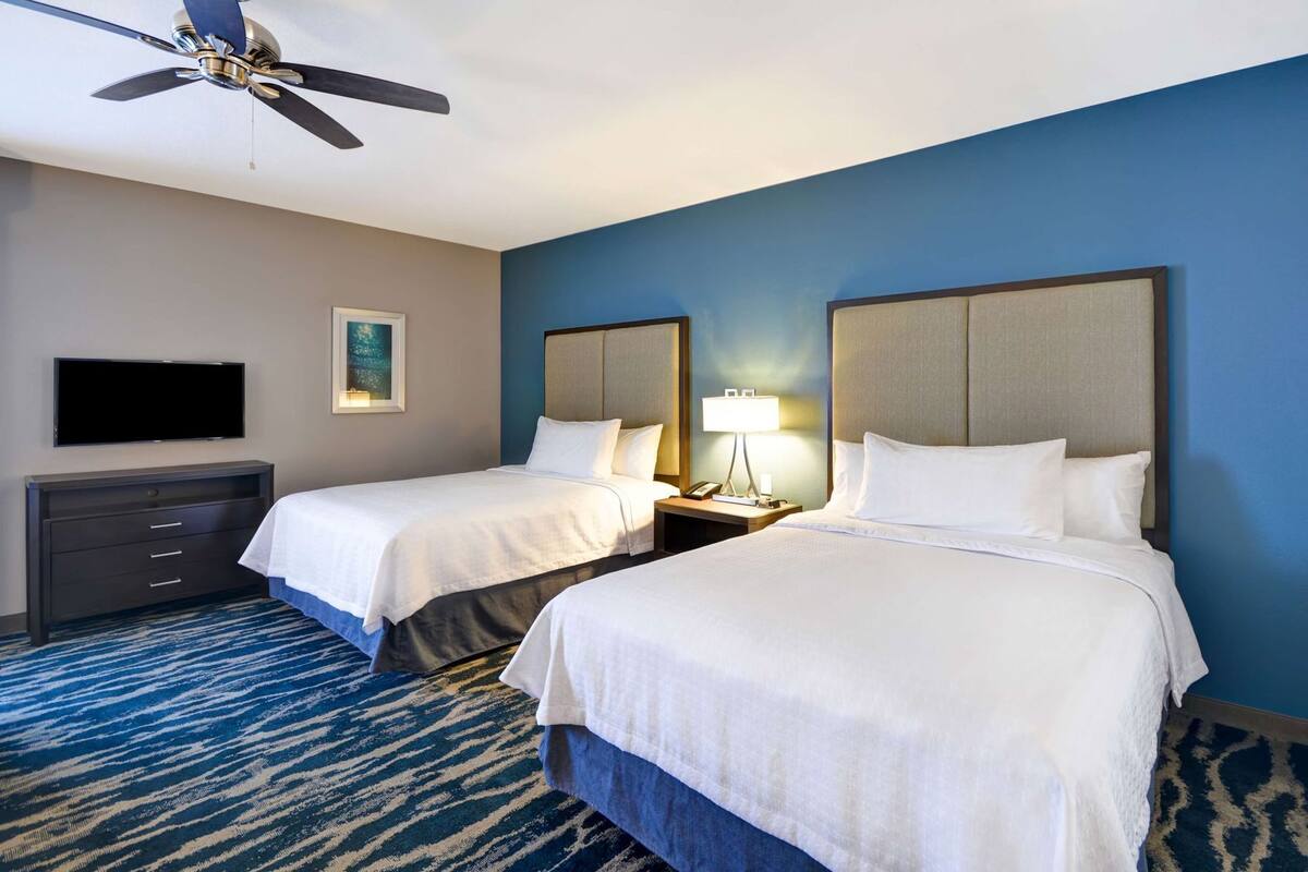 A hotel room with two beds, a ceiling fan, a TV, a desk with a lamp, and a patterned carpet.