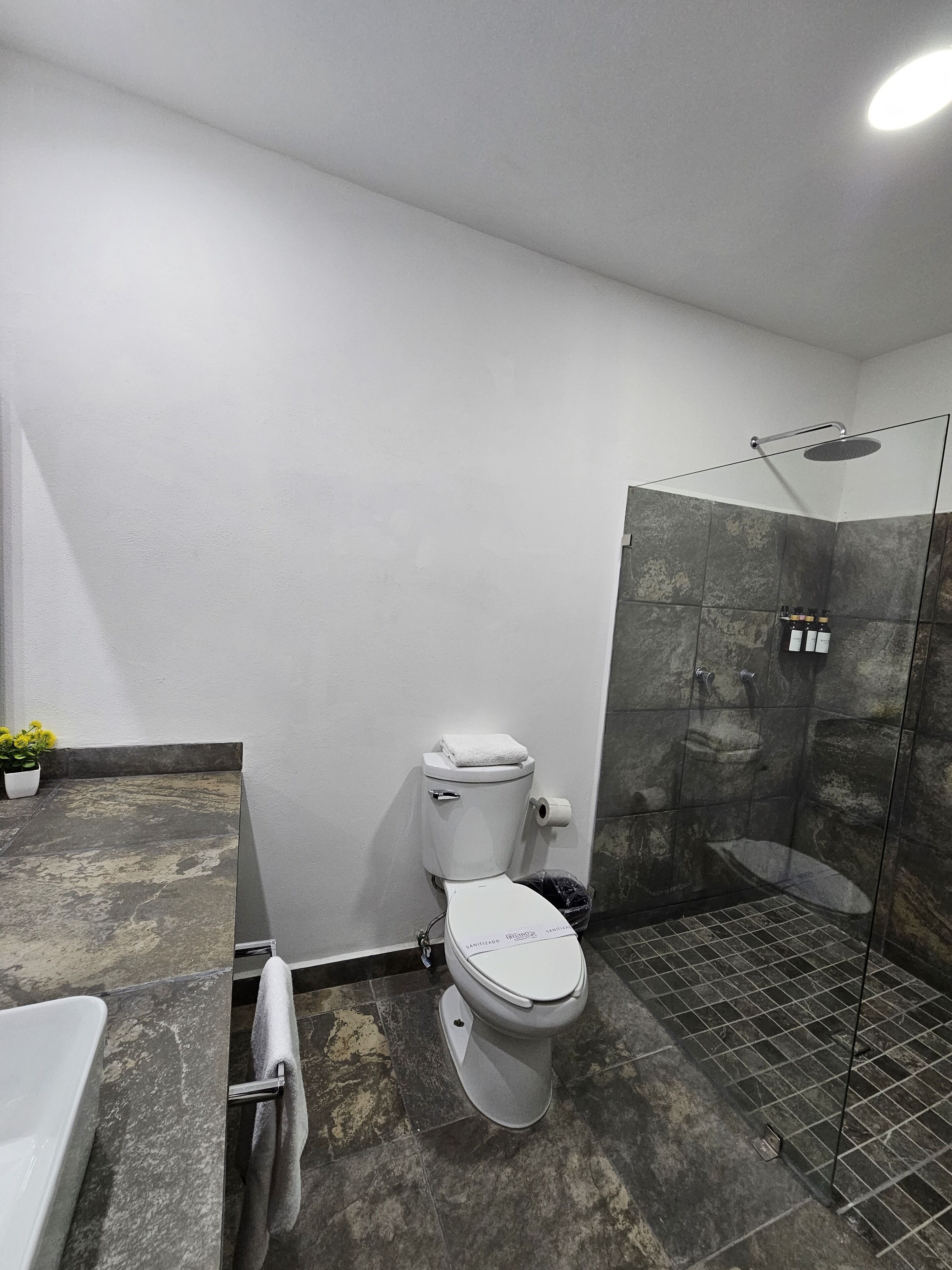 Un baño con inodoro, ducha y bañera.