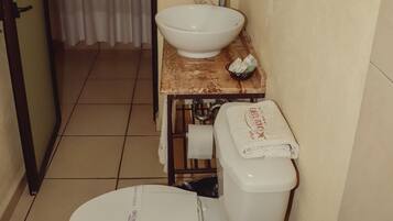 A bathroom with a toilet, sink, and mirror.