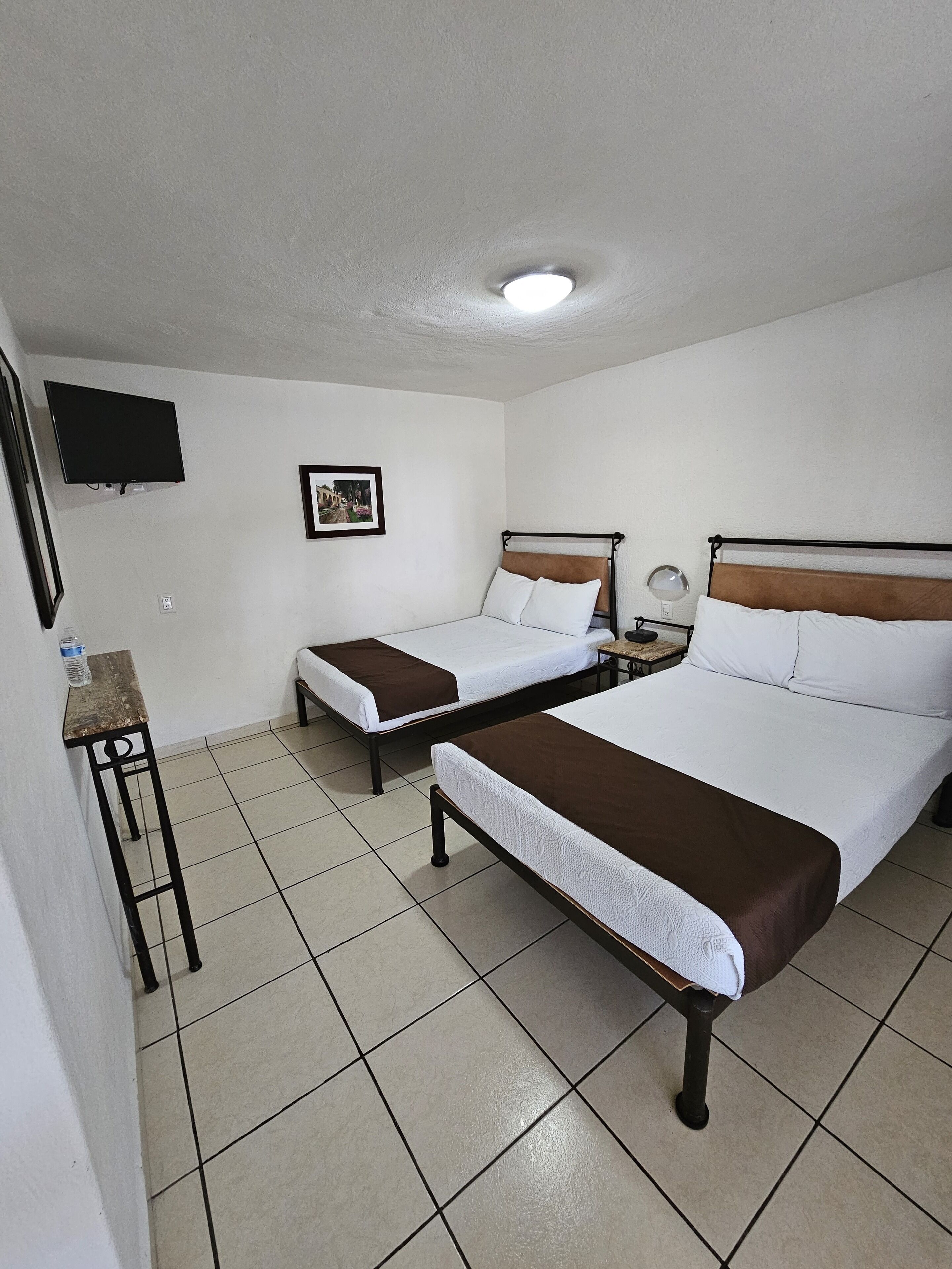 Habitación de hotel con dos camas individuales, un televisor montado en la pared, un cuadro enmarcado y una mesita con una botella de agua.