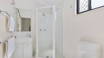 A bathroom with a glass-enclosed shower, a white toilet, and a sink with a mirror above it.