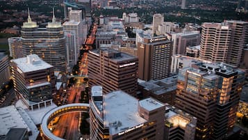 A cityscape with high-rise buildings, including a hospital and a children's hospital.