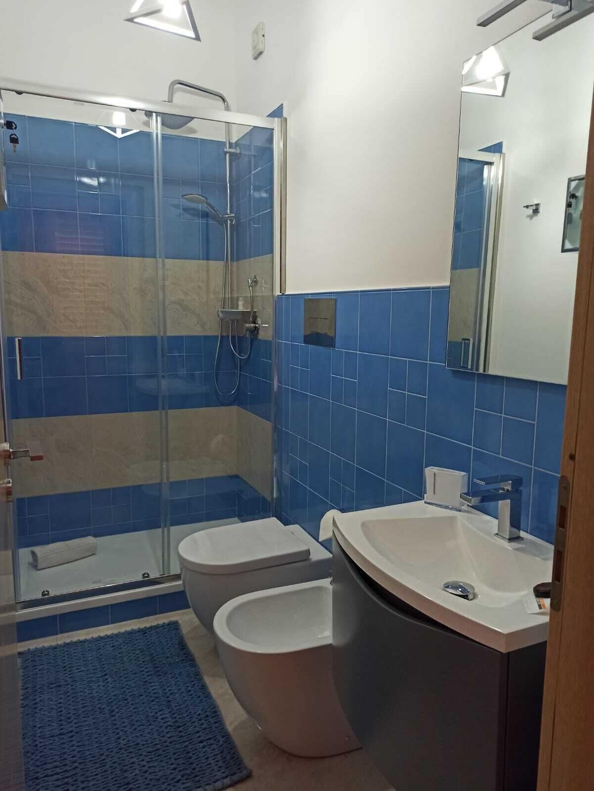 A modern bathroom with a glass shower enclosure, two toilets, a sink, and a mirror.