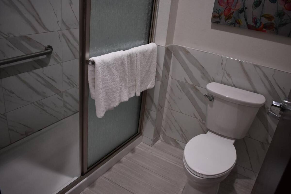 Un baño con cabina de ducha de vidrio, inodoro y toallero.